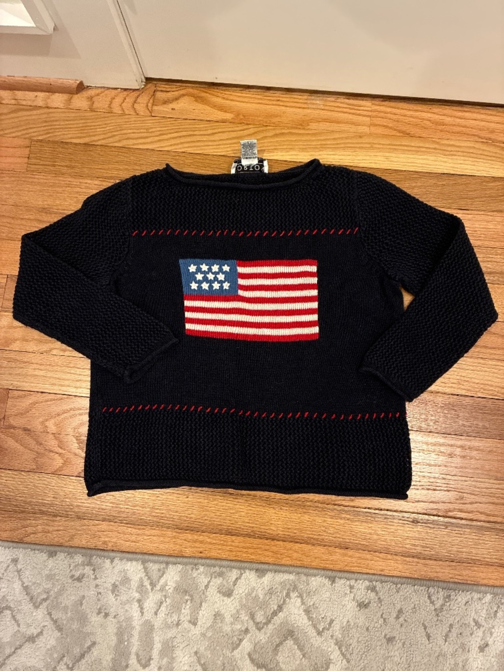 Vintage Rolled Neck Navy Flag Knit Sweater - Women Size Small
